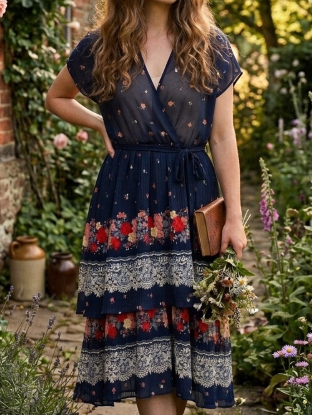 Vintage 1970s Floral Dress Navy Boho Prairie Tiered Midi Cottagecore Pleated M